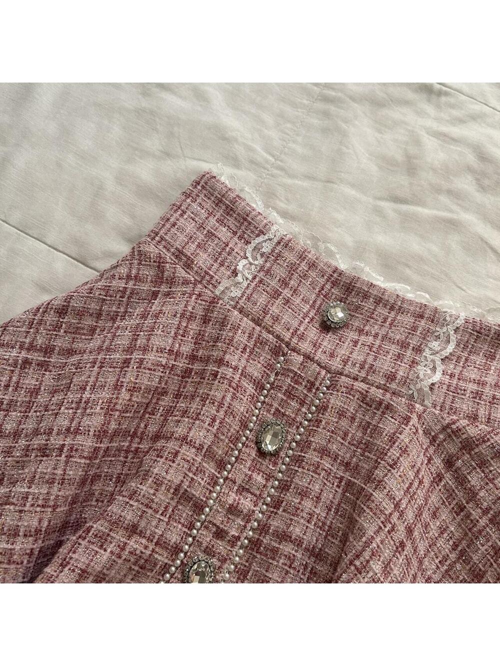 Ank Rouge Size XS Pink Tweed Lace Skater Skirt Himekaji Coquette Princess - Picture 6 of 8